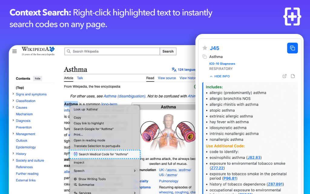 Context menu instant search for medical terms