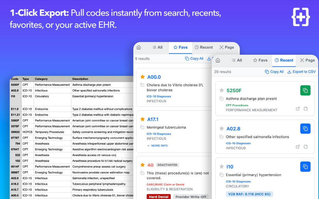 One-click code export for medical billing workflows