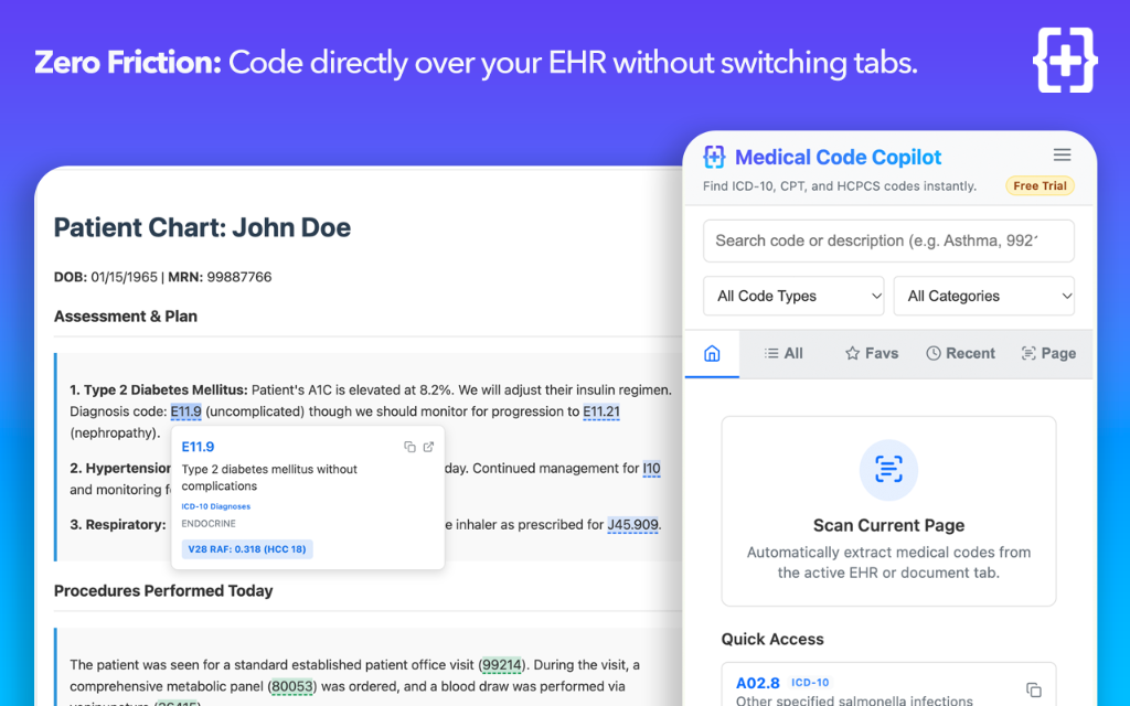 Zero friction EHR integration showing ICD-10 code lookup